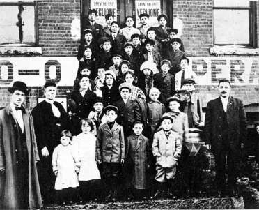 The strikers' children on the steps of the Old Labor Hall