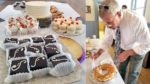 Collage of pastries ready for serving and judge cutting a contest entry