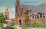 Postcard showing the University of Vermont library and Ethan Allen Chapel in the 1940s